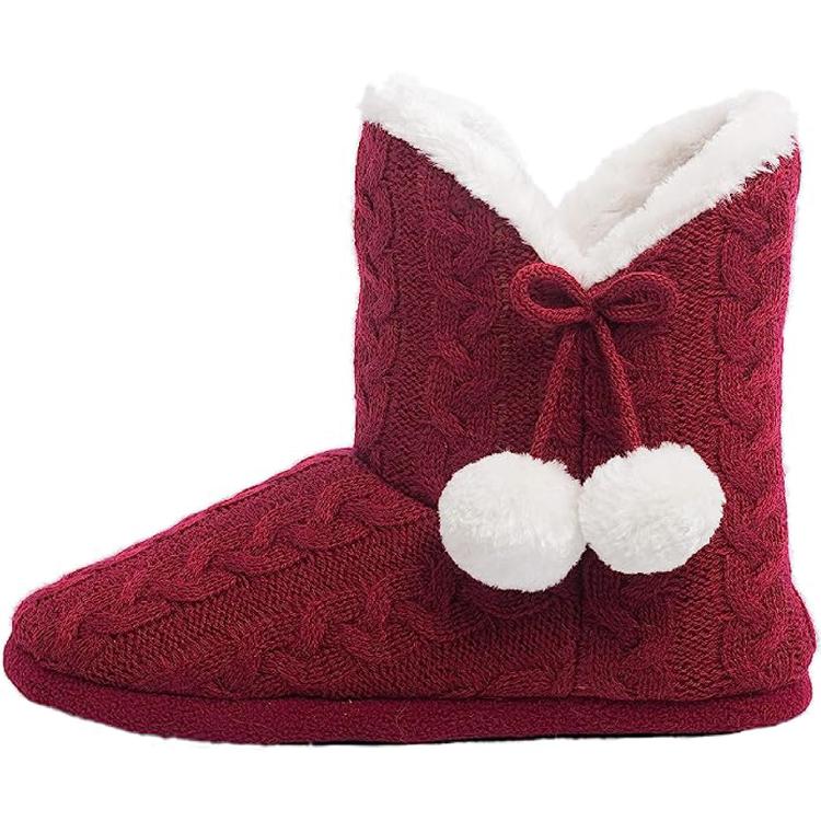 AIREE FAIREE Slipper Boots Women Ladies Slippers Faux Fur Lined with pom poms,Burgundy,5/6 UK (Medium)