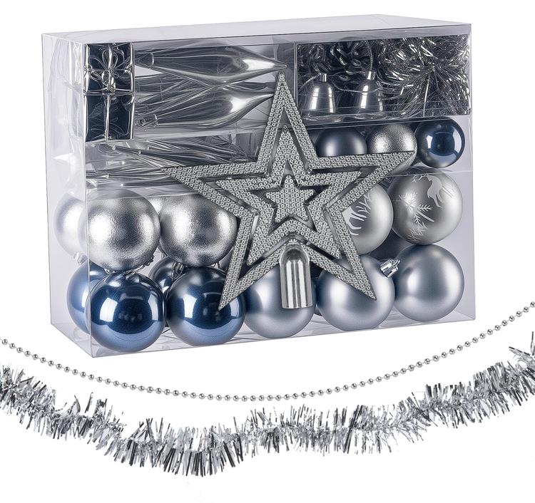 Sweelov Christmas Tree Decoration Set, 73 Pieces Christmas Baubles, Matte & Glitter Shatterproof Plastic Christmas Ball Ornament, Tree Topper, Garland and Stars, Silver/Grey/Blue, Diameter 6/4 cm