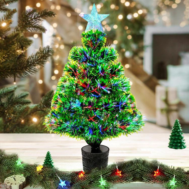 Small Christmas Tree Fiber Optic Lighted, 54cm Pre-Lit Tabletop Christmas Tree Mini Artificial Desktop Xmas Tree Snowflocked with Tree Star,RGB Lighting