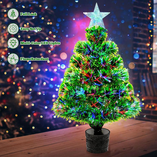 Small Christmas Tree Fiber Optic Lighted, 54cm Pre-Lit Tabletop Christmas Tree Mini Artificial Desktop Xmas Tree Snowflocked with Tree Star,RGB Lighting